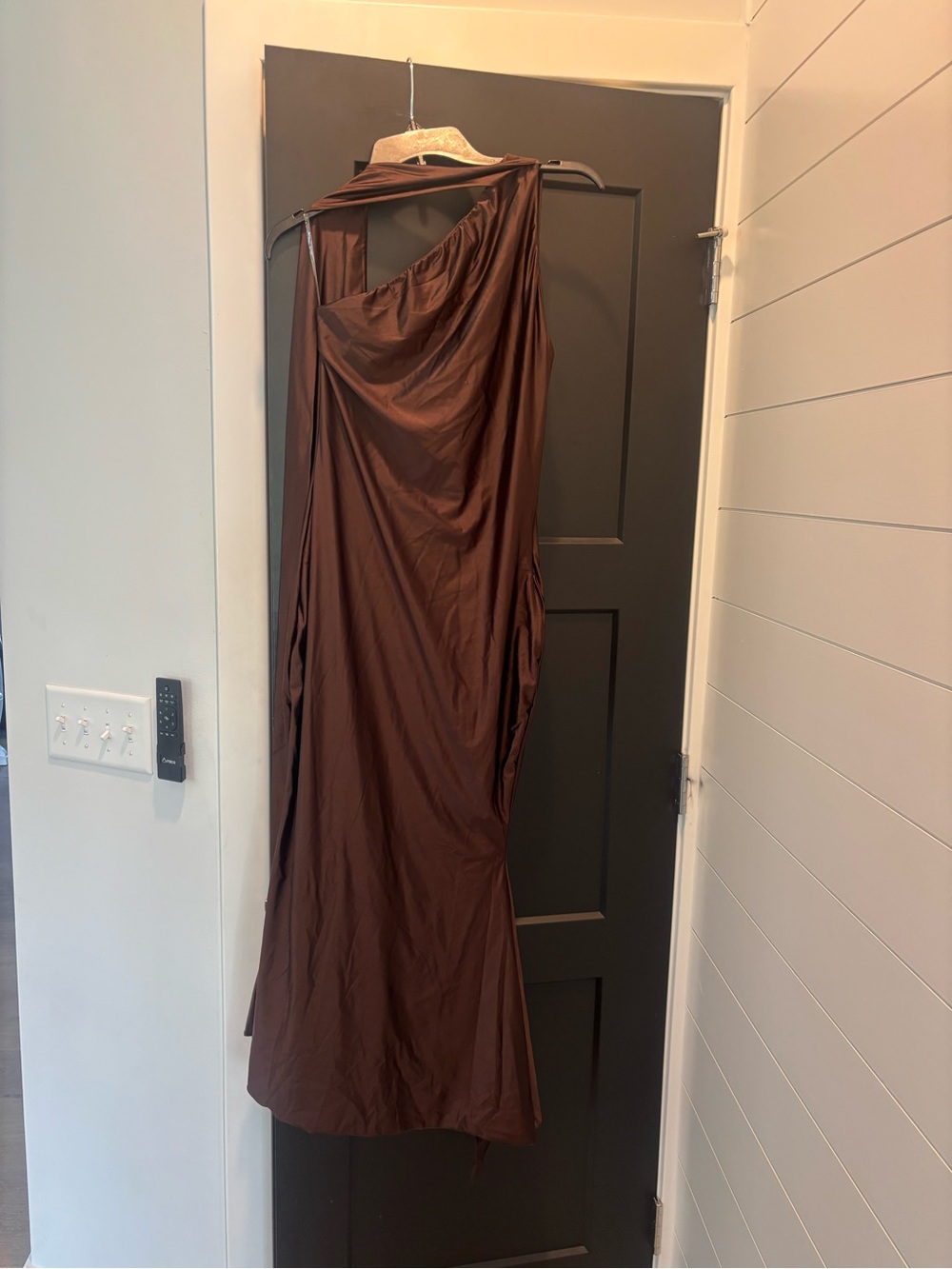 Oh Polly Shaya Asymmetric Scarf Detail Midaxi Dress US 10 NWT Chocolate Brown - Picture 8 of 13